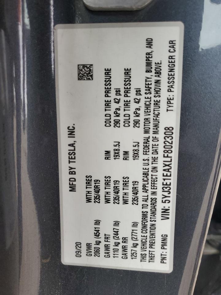 2020 Tesla Model 3 VIN: 5YJ3E1EAXLF802308 Lot: 82275135