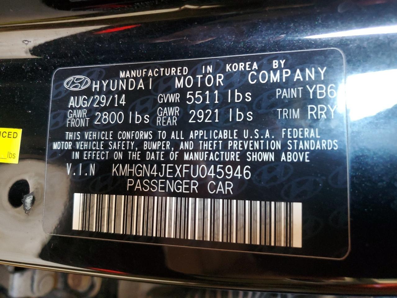 2015 Hyundai Genesis 3.8L VIN: KMHGN4JEXFU045946 Lot: 87100505