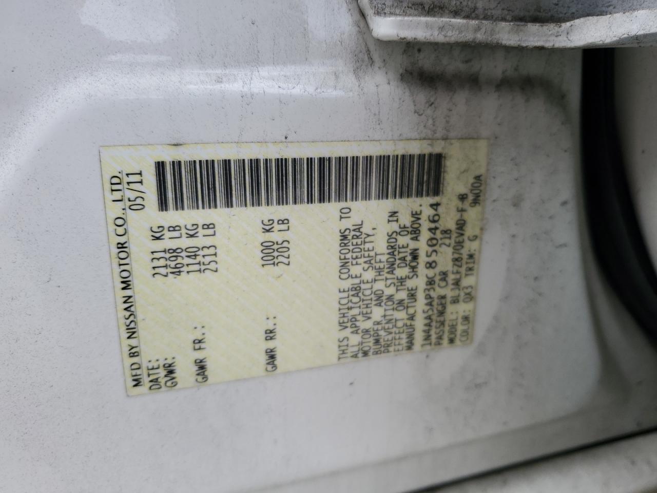 2011 Nissan Maxima S VIN: 1N4AA5AP3BC850464 Lot: 86805395