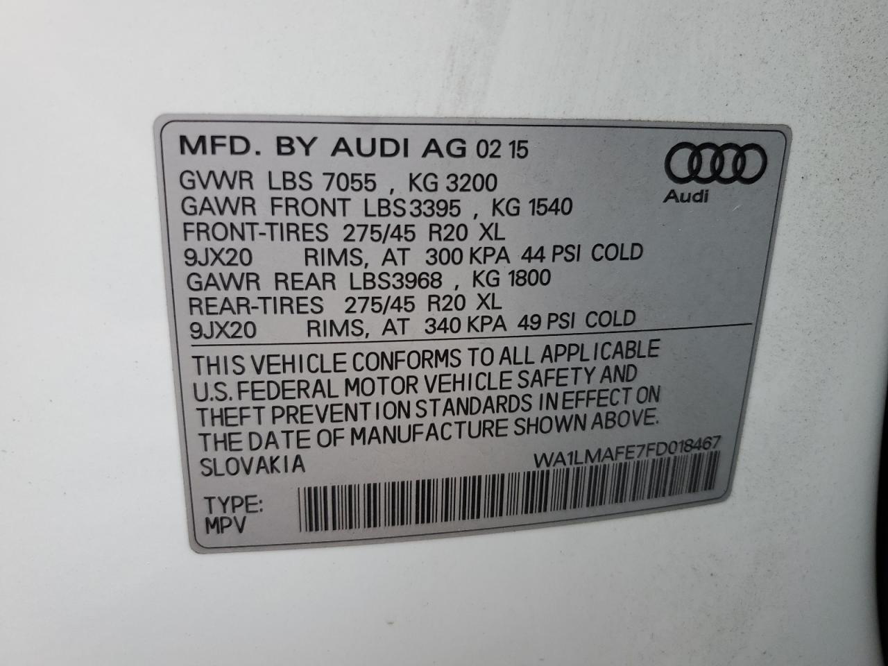 2015 Audi Q7 Tdi Premium Plus VIN: WA1LMAFE7FD018467 Lot: 86085485
