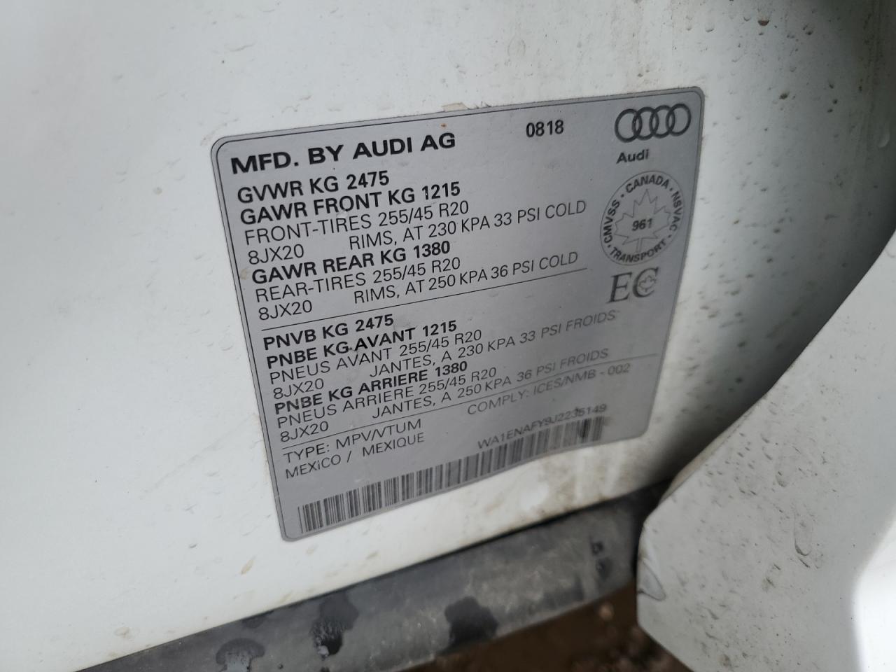 2018 Audi Q5 Progressiv S-Line VIN: WA1ENAFY9J2235149 Lot: 81442685