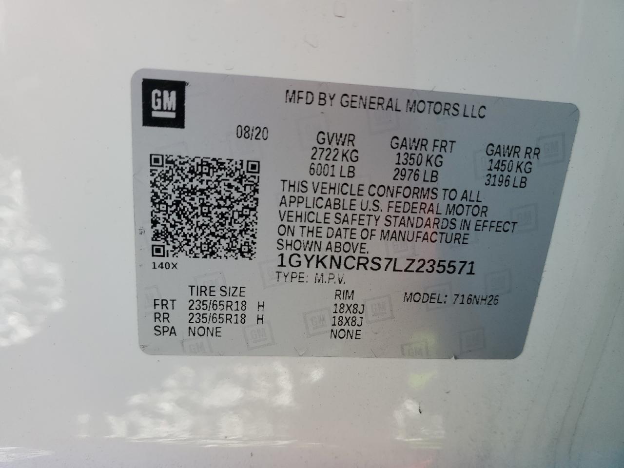 2020 Cadillac Xt5 Premium Luxury VIN: 1GYKNCRS7LZ235571 Lot: 89556845