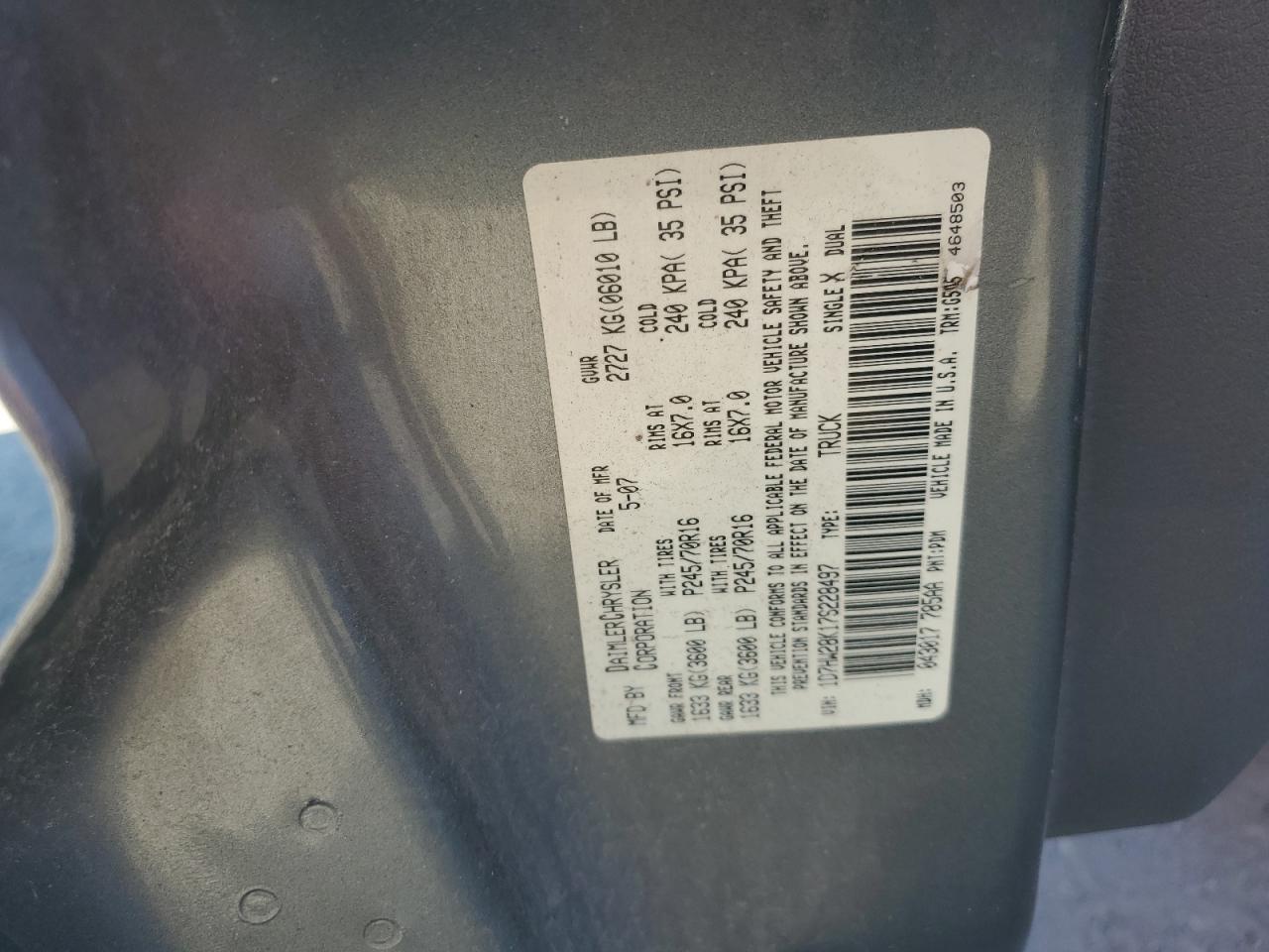 2007 Dodge Dakota Quad VIN: 1D7HW28K17S228497 Lot: 86672595
