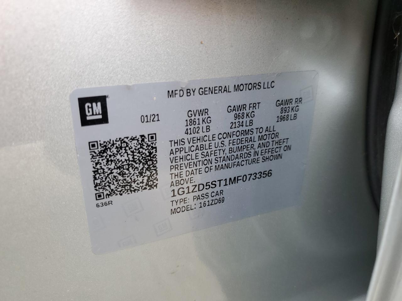 2021 Chevrolet Malibu Lt VIN: 1G1ZD5ST1MF073356 Lot: 82192525