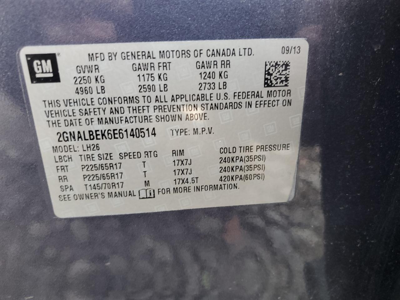 2014 Chevrolet Equinox Lt VIN: 2GNALBEK6E6140514 Lot: 82009415