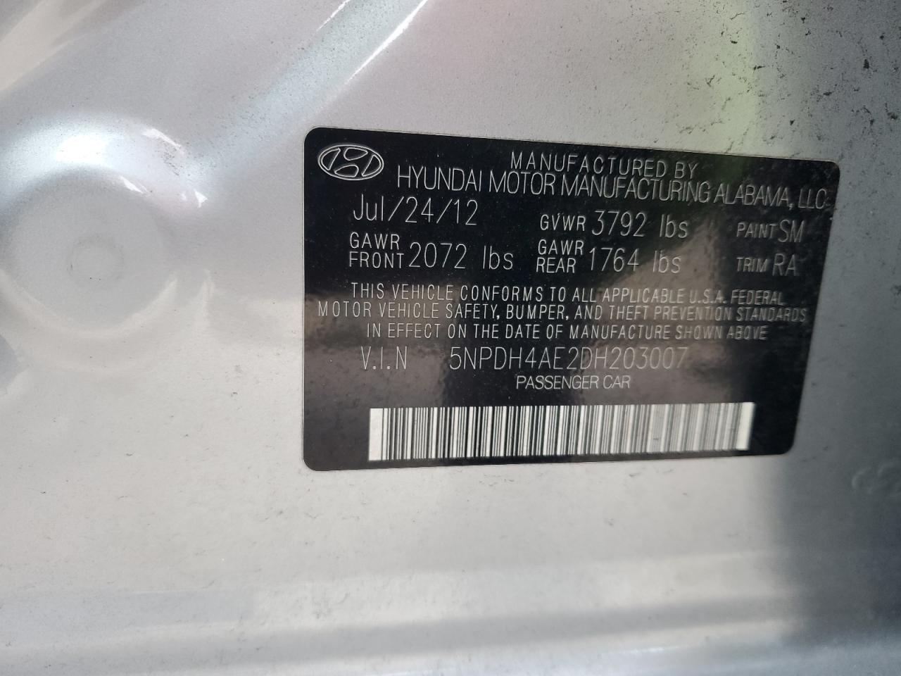 2013 Hyundai Elantra Gls VIN: 5NPDH4AE2DH203007 Lot: 82008435