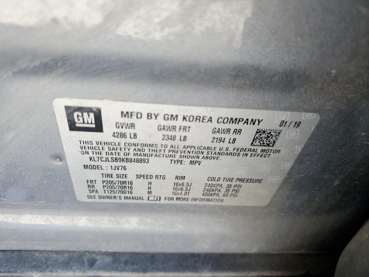 2019 Chevrolet Trax 1Lt VIN: KL7CJLSB9KB848893 Lot: 82537915