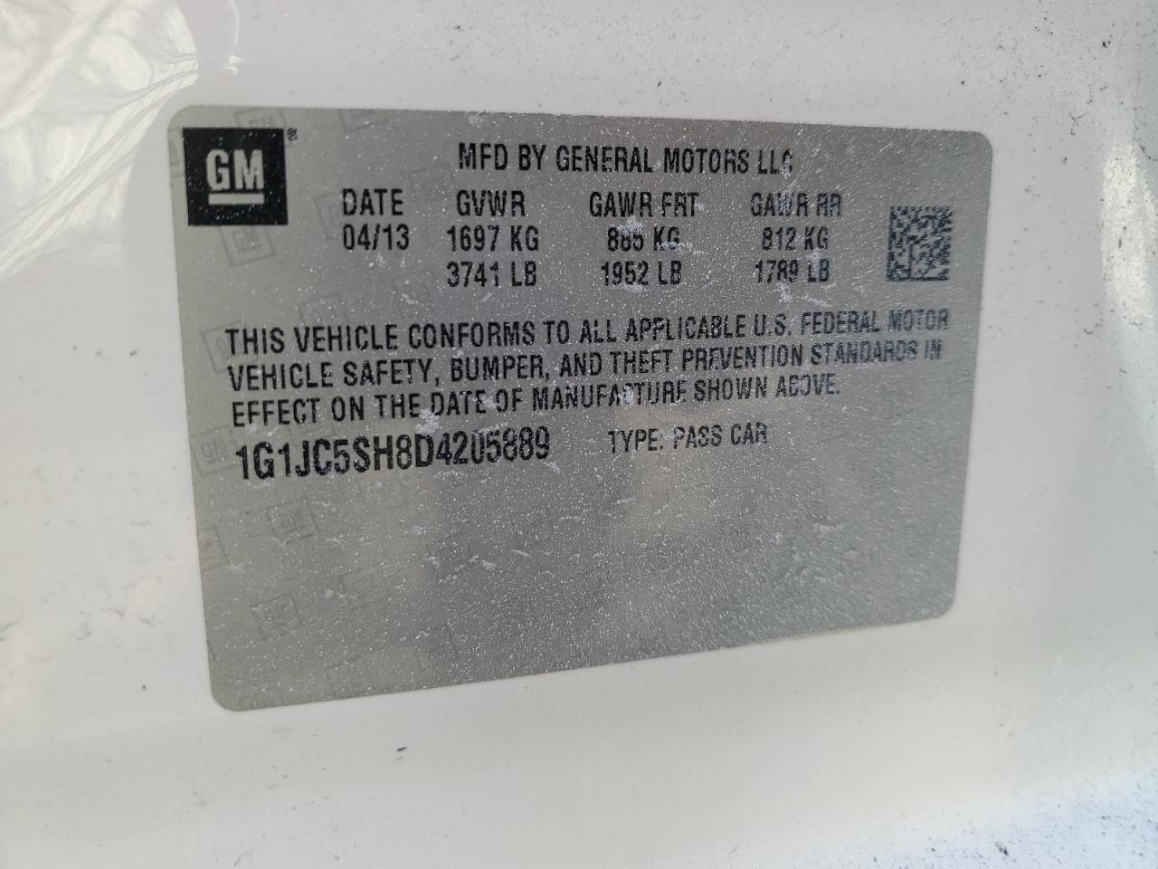 2013 Chevrolet Sonic Lt VIN: 1G1JC5SH8D4205889 Lot: 87372925