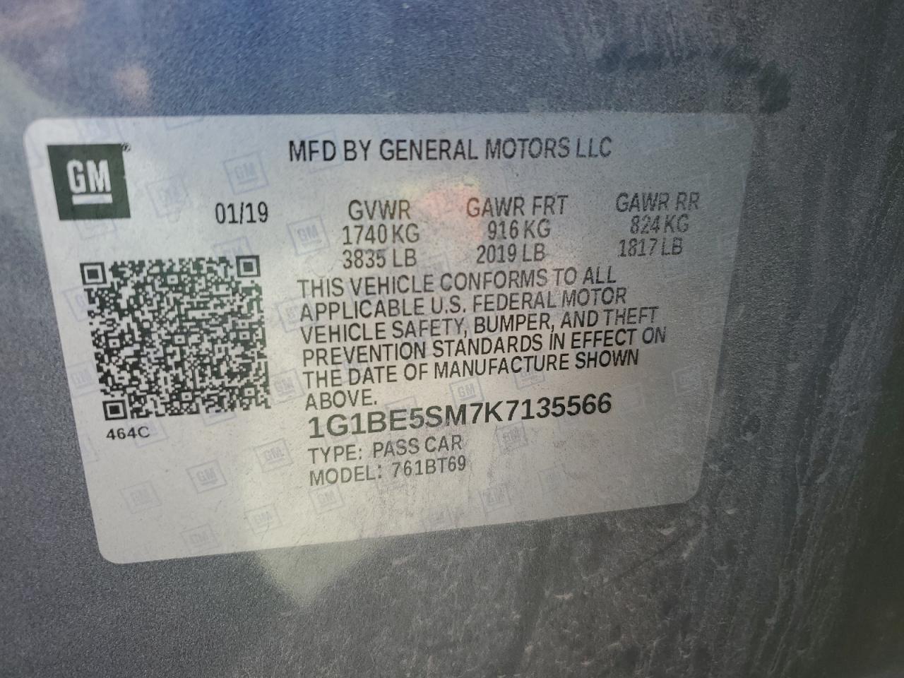 2019 Chevrolet Cruze Lt VIN: 1G1BE5SM7K7135566 Lot: 85298165