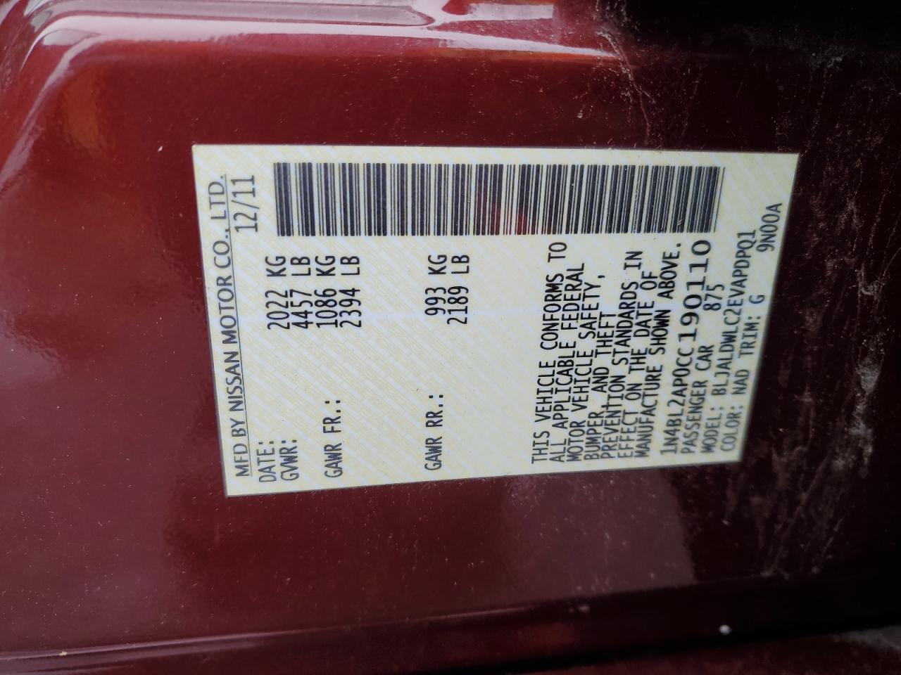 2012 Nissan Altima Sr VIN: 1N4BL2AP0CC190110 Lot: 85664545