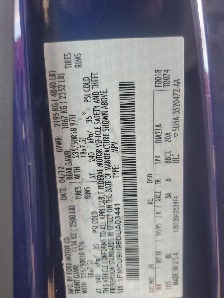 2013 Ford Escape Sel VIN: 1FMCU9H96DUA03441 Lot: 85897535