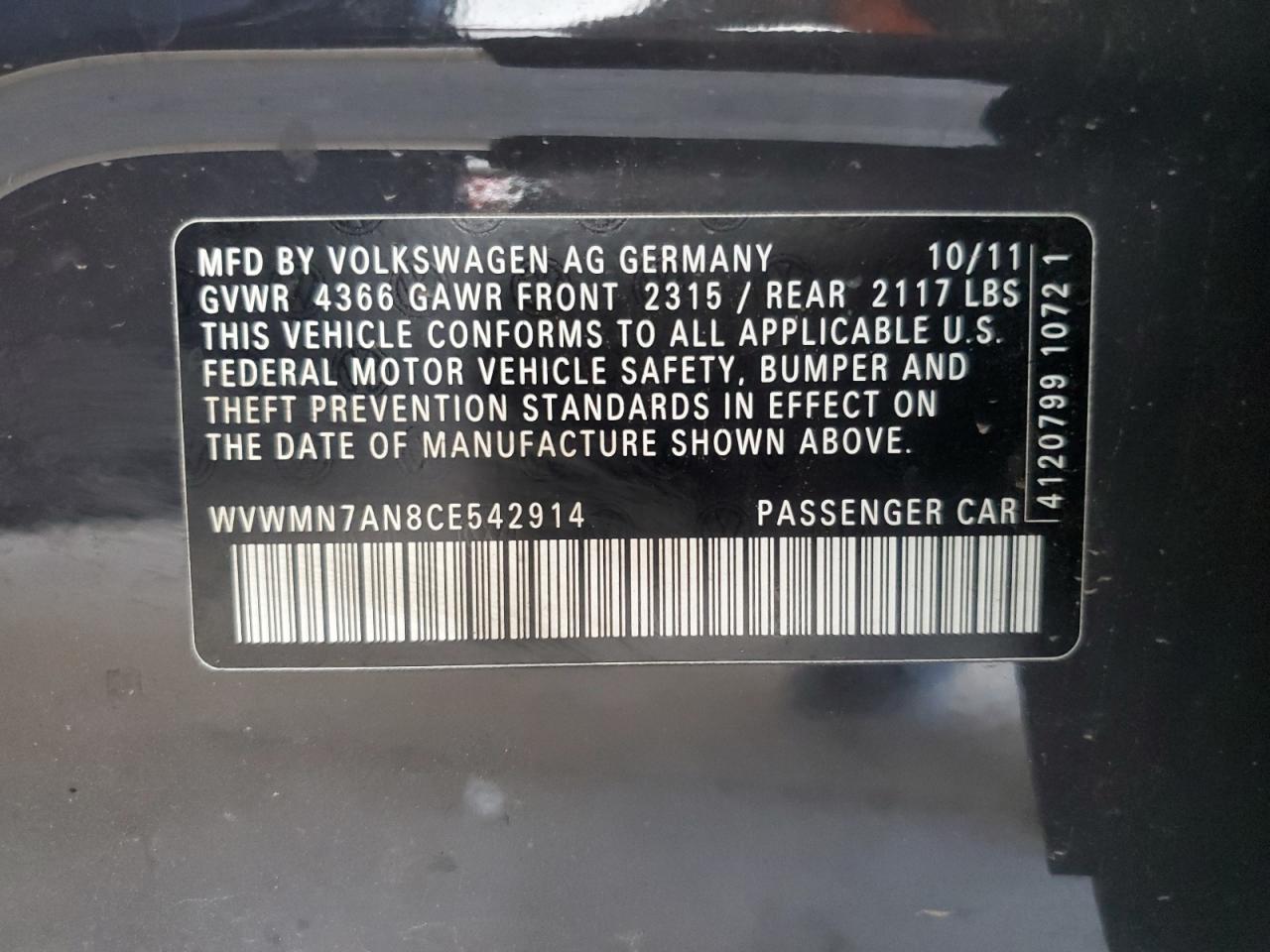 2012 Volkswagen Cc Sport VIN: WVWMN7AN8CE542914 Lot: 86818995