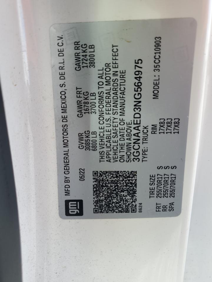 2022 Chevrolet Silverado C1500 VIN: 3GCNAAED3NG564975 Lot: 85511575