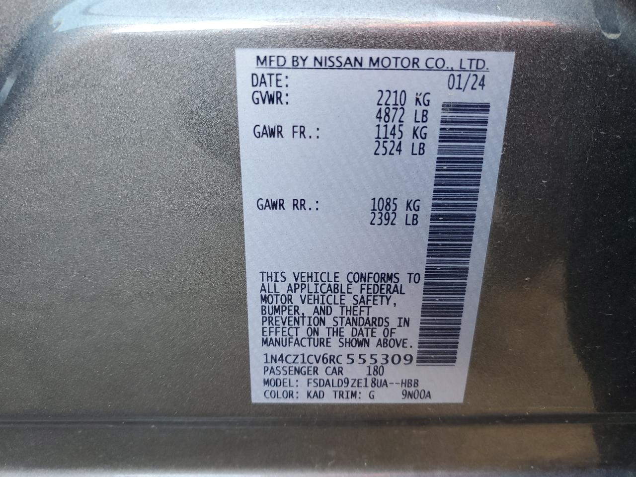 2024 Nissan Leaf Sv Plus VIN: 1N4CZ1CV6RC555309 Lot: 90248815