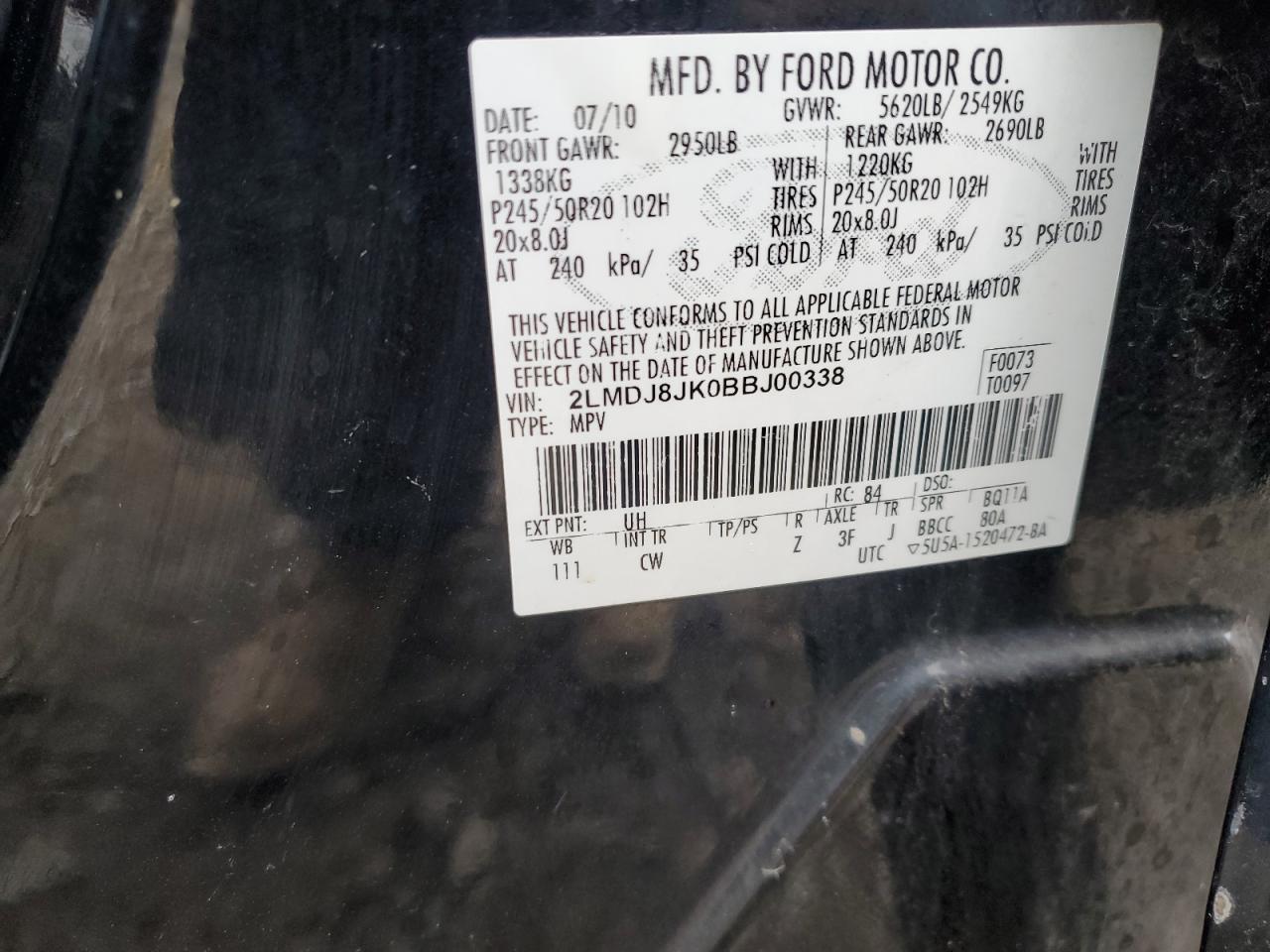 2011 Lincoln Mkx VIN: 2LMDJ8JK0BBJ00338 Lot: 82583605