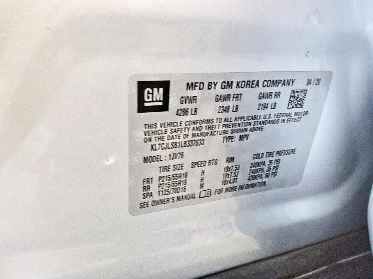 2020 Chevrolet Trax 1Lt VIN: KL7CJLSB1LB337633 Lot: 85349595