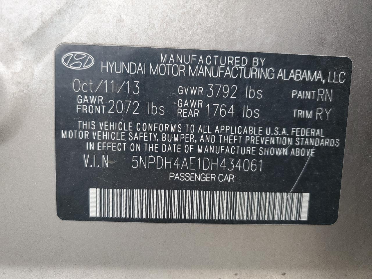 2013 Hyundai Elantra Gls VIN: 5NPDH4AE1DH434061 Lot: 80148915