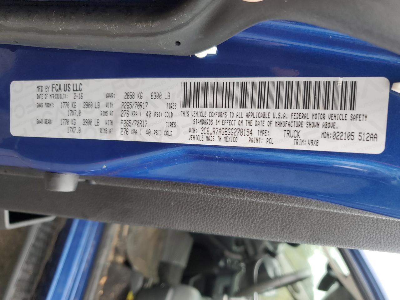 2016 Ram 1500 St VIN: 3C6JR7AG6GG278154 Lot: 85136495