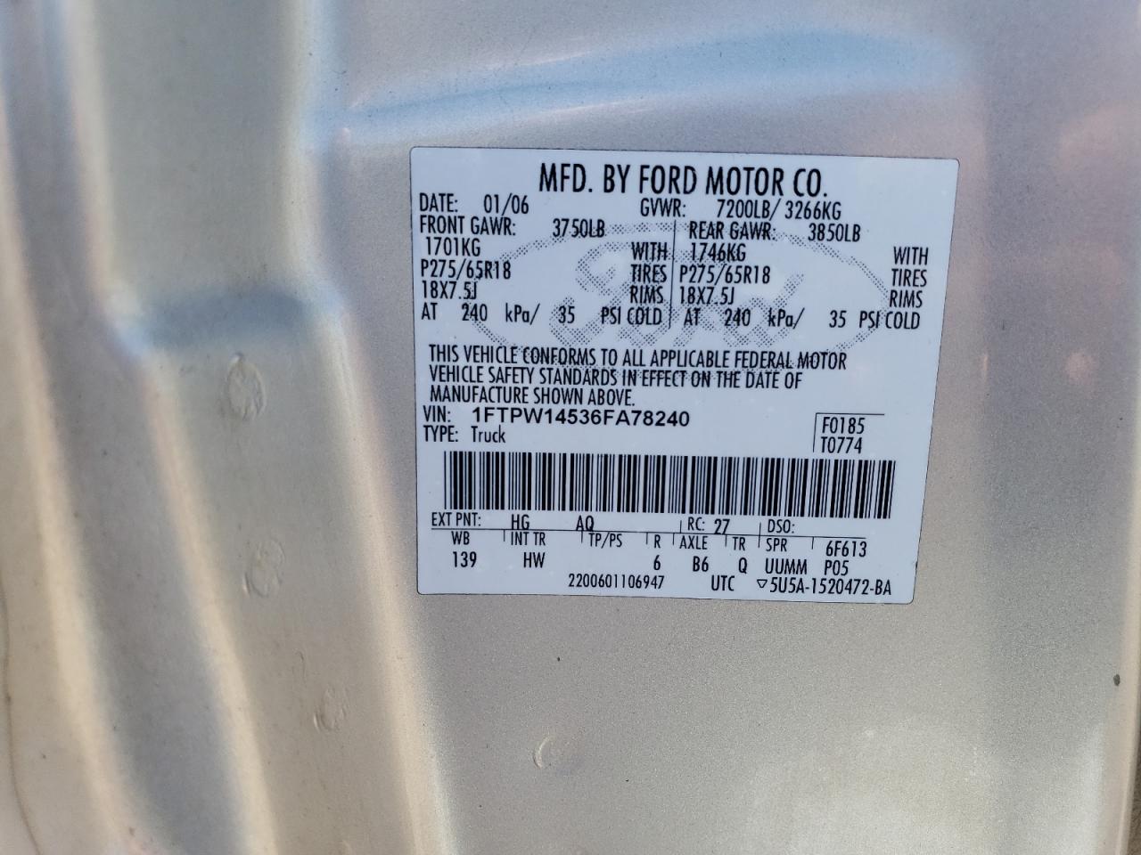 2006 Ford F150 Supercrew VIN: 1FTPW14536FA78240 Lot: 86292665
