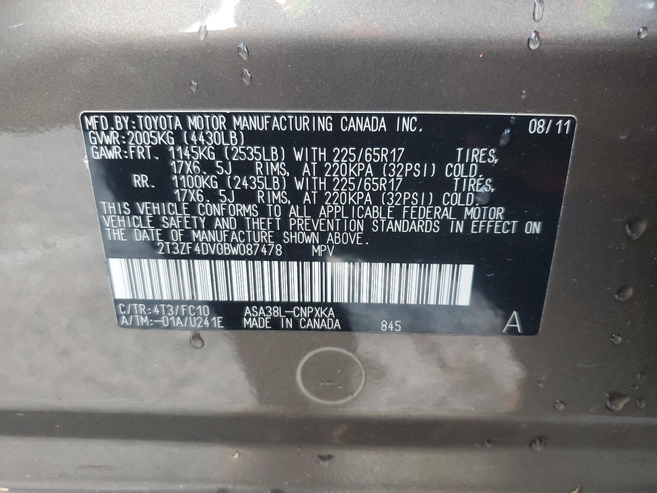 2011 Toyota Rav4 VIN: 2T3ZF4DV0BW087478 Lot: 85411545