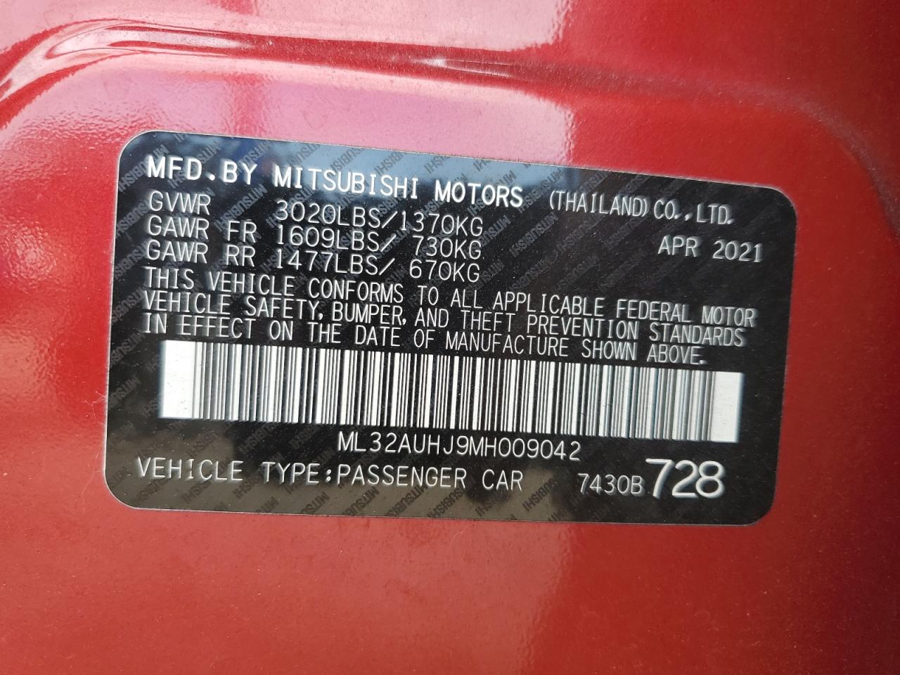 2021 Mitsubishi Mirage Es VIN: ML32AUHJ9MH009042 Lot: 85763515