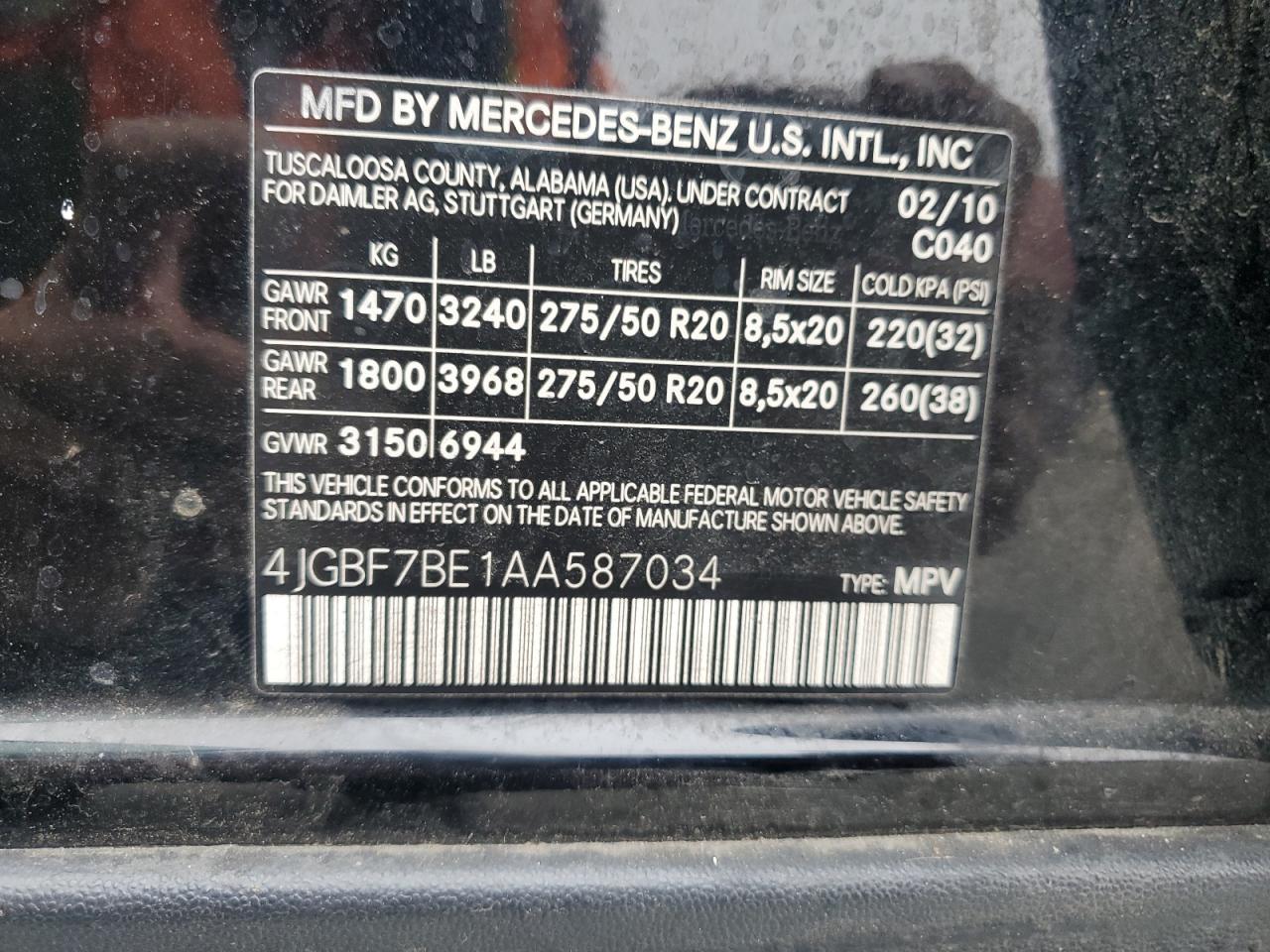 2010 Mercedes-Benz Gl 450 4Matic VIN: 4JGBF7BE1AA587034 Lot: 85386095