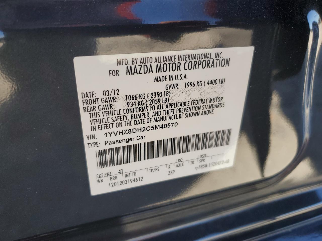 2012 Mazda 6 I VIN: 1YVHZ8DH2C5M40570 Lot: 89634355