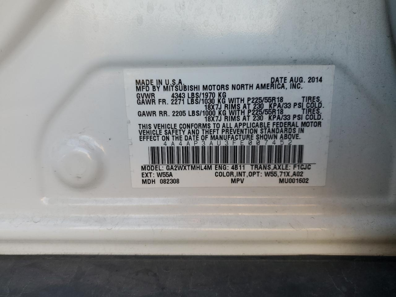 2015 Mitsubishi Outlander Sport Es VIN: 4A4AP3AU3FE007452 Lot: 90955715