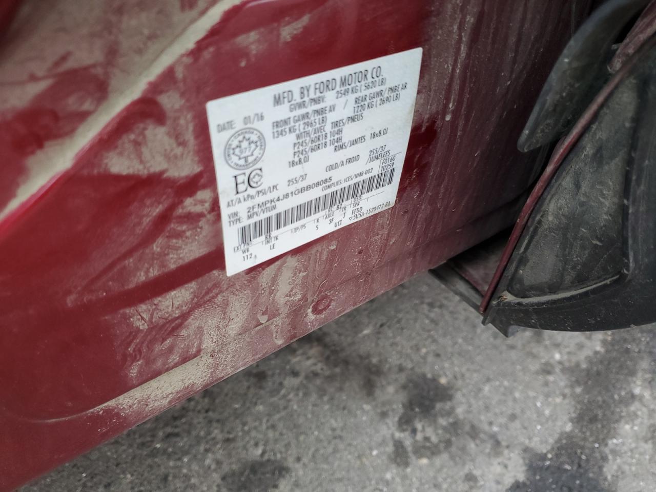 2016 Ford Edge Sel VIN: 2FMPK4J81GBB08085 Lot: 85333015