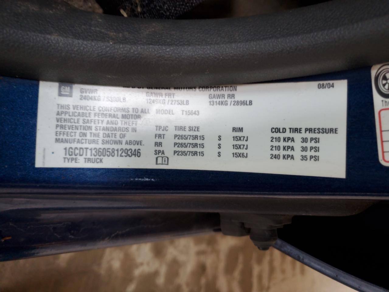 2005 Chevrolet Colorado VIN: 1GCDT136058129346 Lot: 84462355