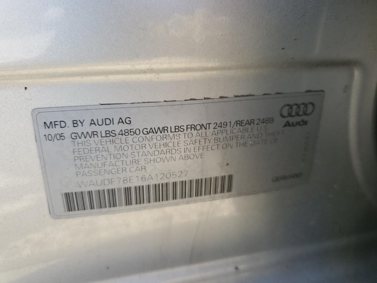 2006 Audi A4 2.0T Quattro VIN: WAUDF78E16A120527 Lot: 82615385