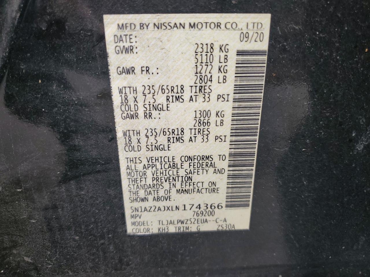 2020 Nissan Murano S VIN: 5N1AZ2AJXLN174366 Lot: 85701575