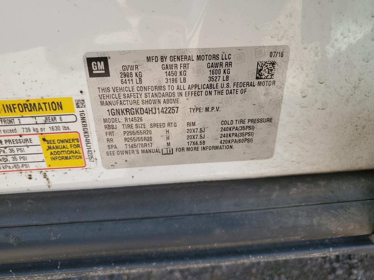 2017 Chevrolet Traverse Lt VIN: 1GNKRGKD4HJ142257 Lot: 85575905