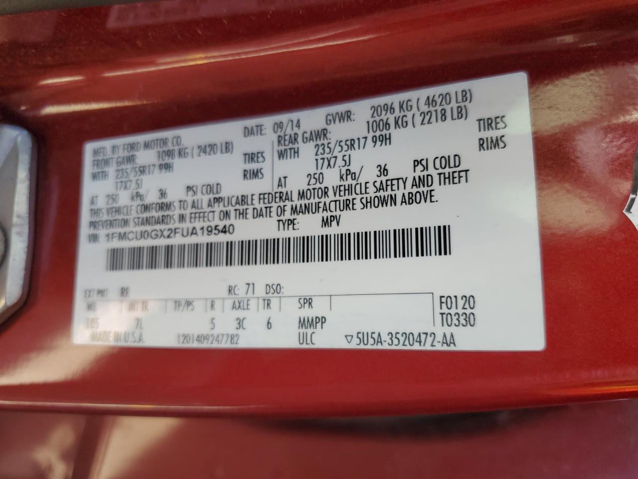 2015 Ford Escape Se VIN: 1FMCU0GX2FUA19540 Lot: 85872095