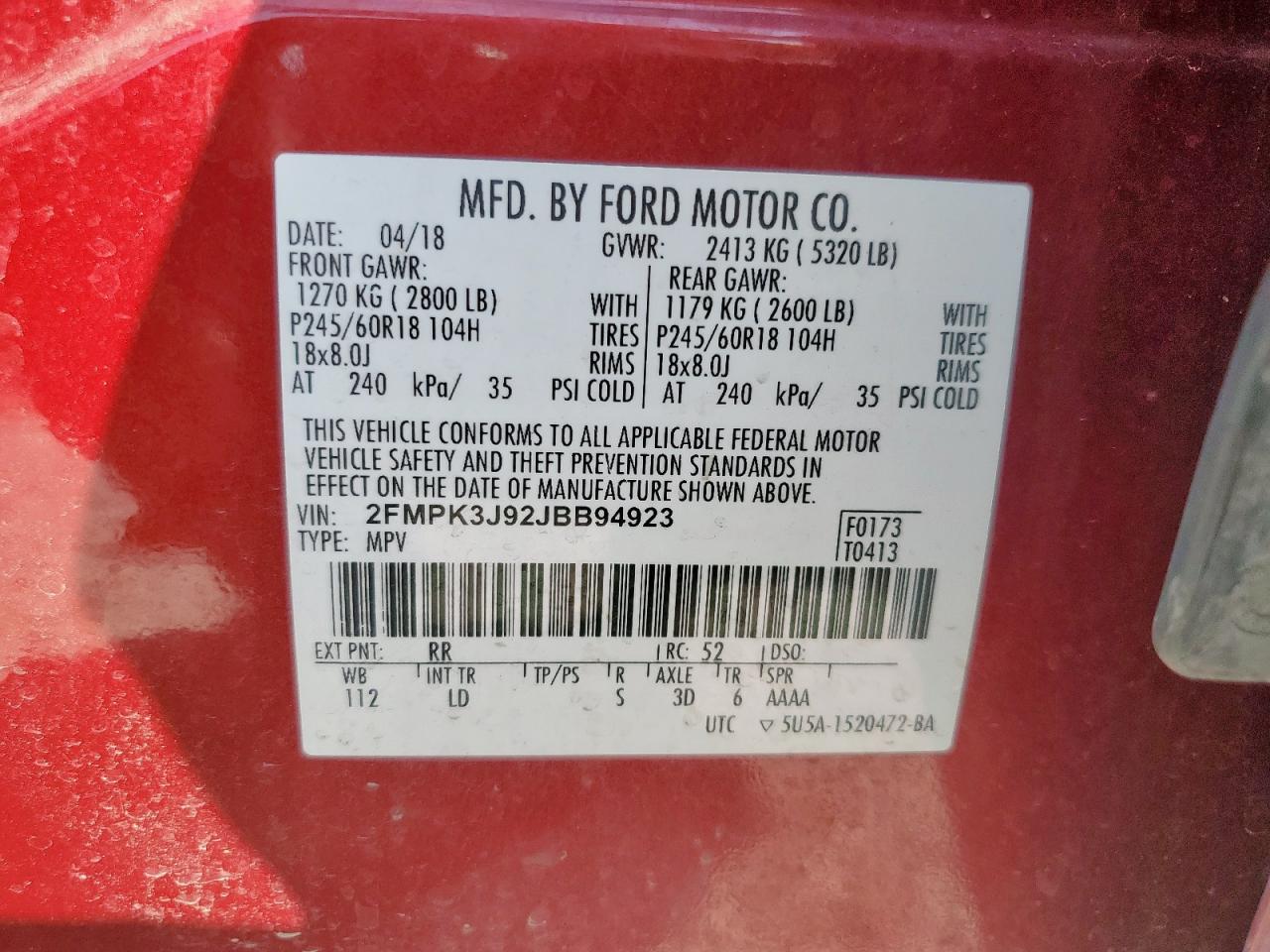 2018 Ford Edge Sel VIN: 2FMPK3J92JBB94923 Lot: 86210535