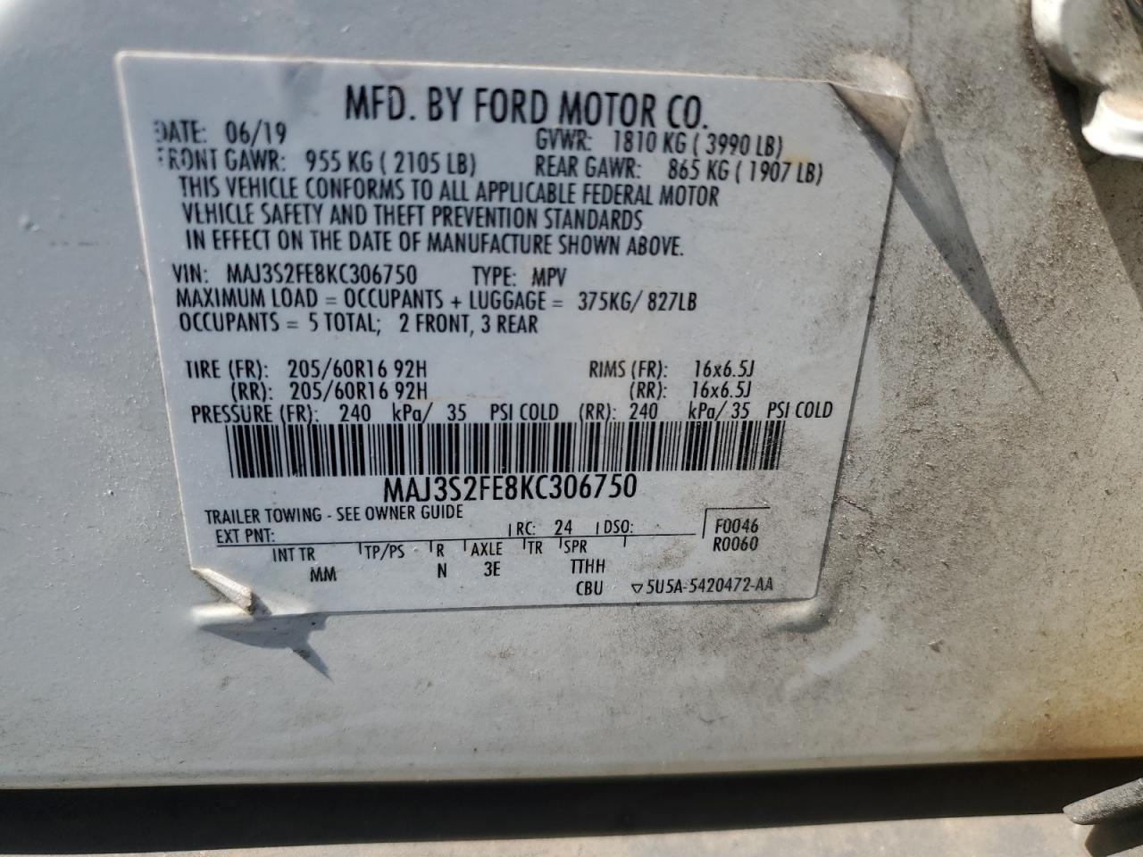 2019 Ford Ecosport S VIN: MAJ3S2FE8KC306750 Lot: 86793805