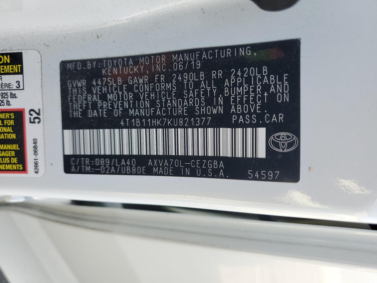 2019 Toyota Camry L VIN: 4T1B11HK7KU821377 Lot: 85549605