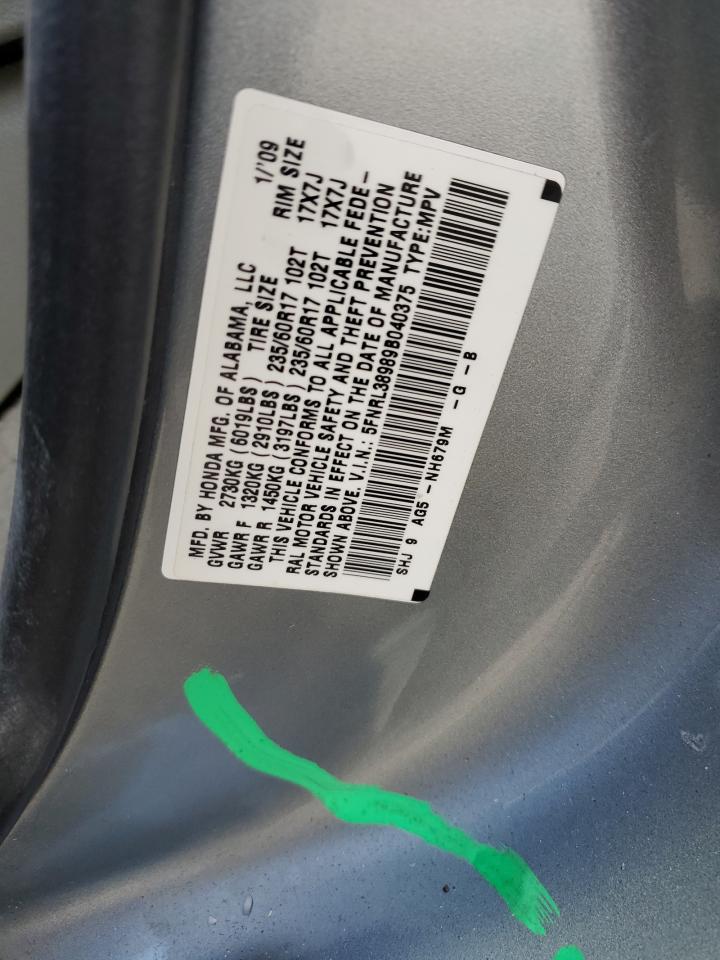 2009 Honda Odyssey Touring VIN: 5FNRL38989B040375 Lot: 82321765