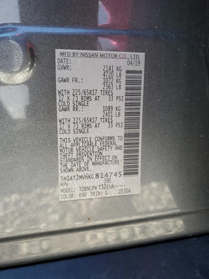 2019 Nissan Rogue S VIN: 5N1AT2MV6KC814745 Lot: 85567745