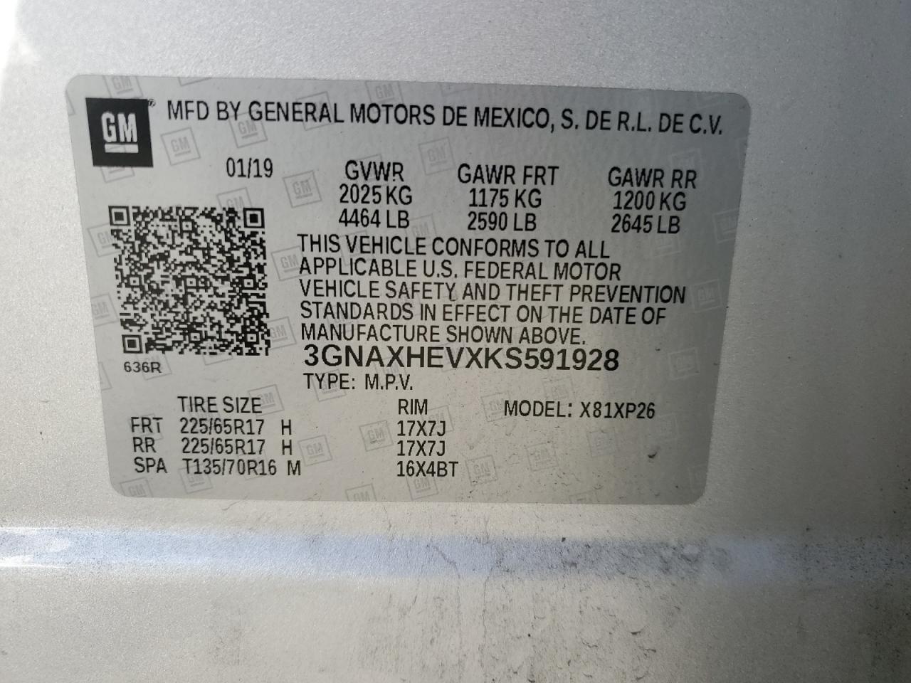 2019 Chevrolet Equinox Ls VIN: 3GNAXHEVXKS591928 Lot: 85345965