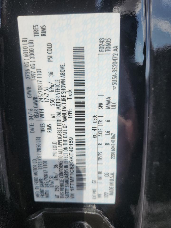 2016 Ford F150 VIN: 1FTMF1C82GKE40159 Lot: 85501565