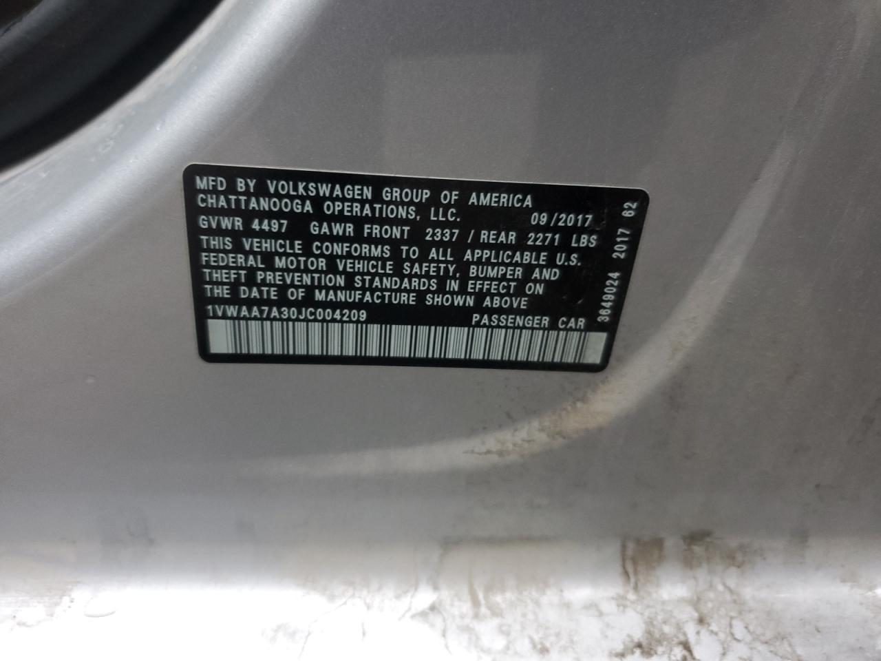 2018 Volkswagen Passat S VIN: 1VWAA7A30JC004209 Lot: 84807265