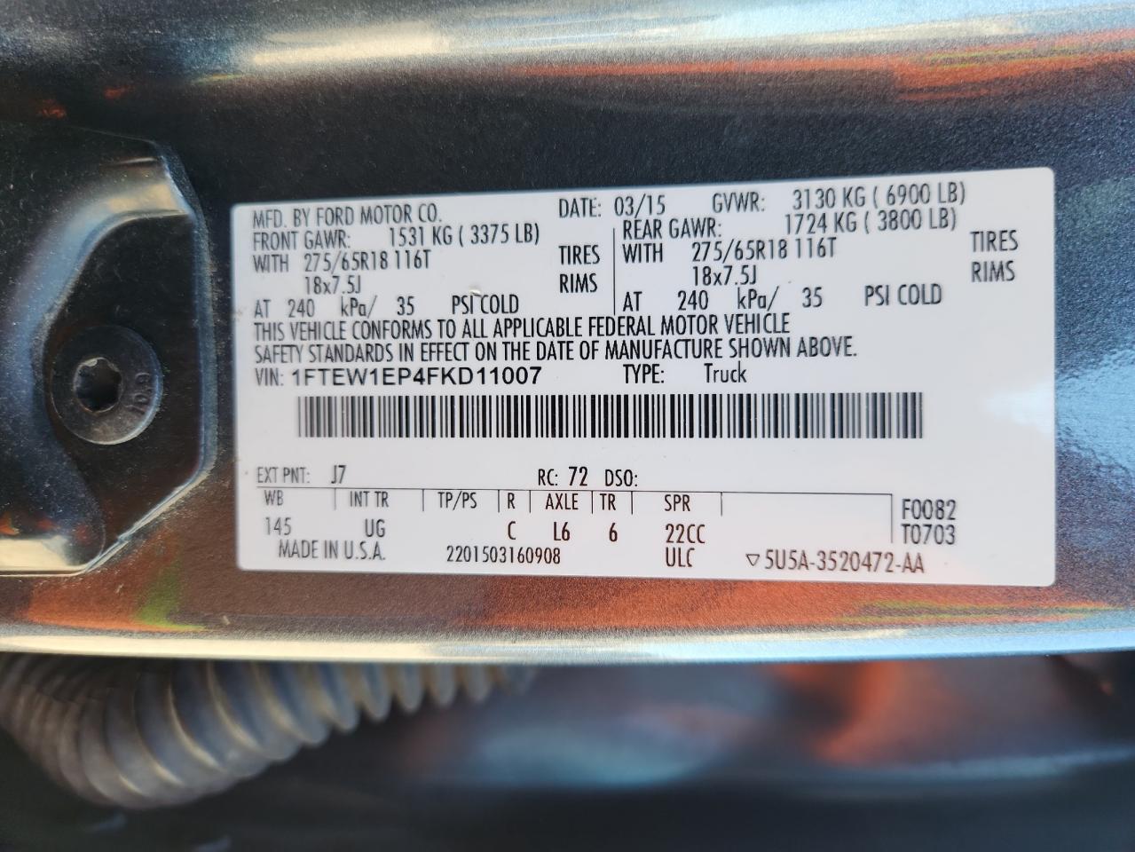 2015 Ford F150 Supercrew VIN: 1FTEW1EP4FKD11007 Lot: 90841105