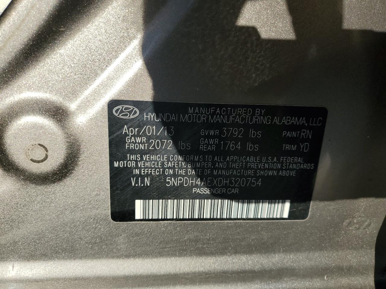 2013 Hyundai Elantra Gls VIN: 5NPDH4AEXDH320754 Lot: 85721855