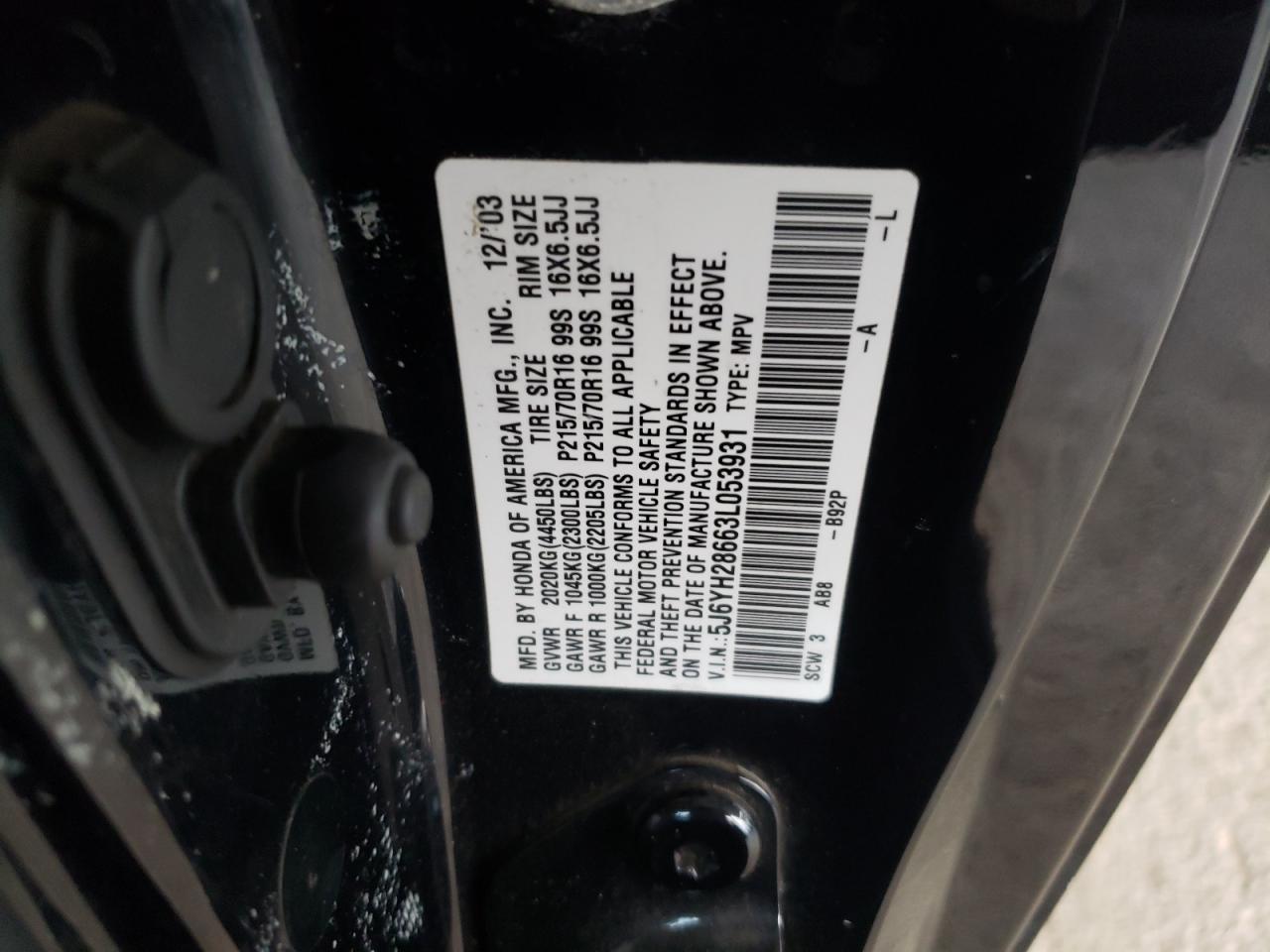 2003 Honda Element Ex VIN: 5J6YH28663L053931 Lot: 82454365