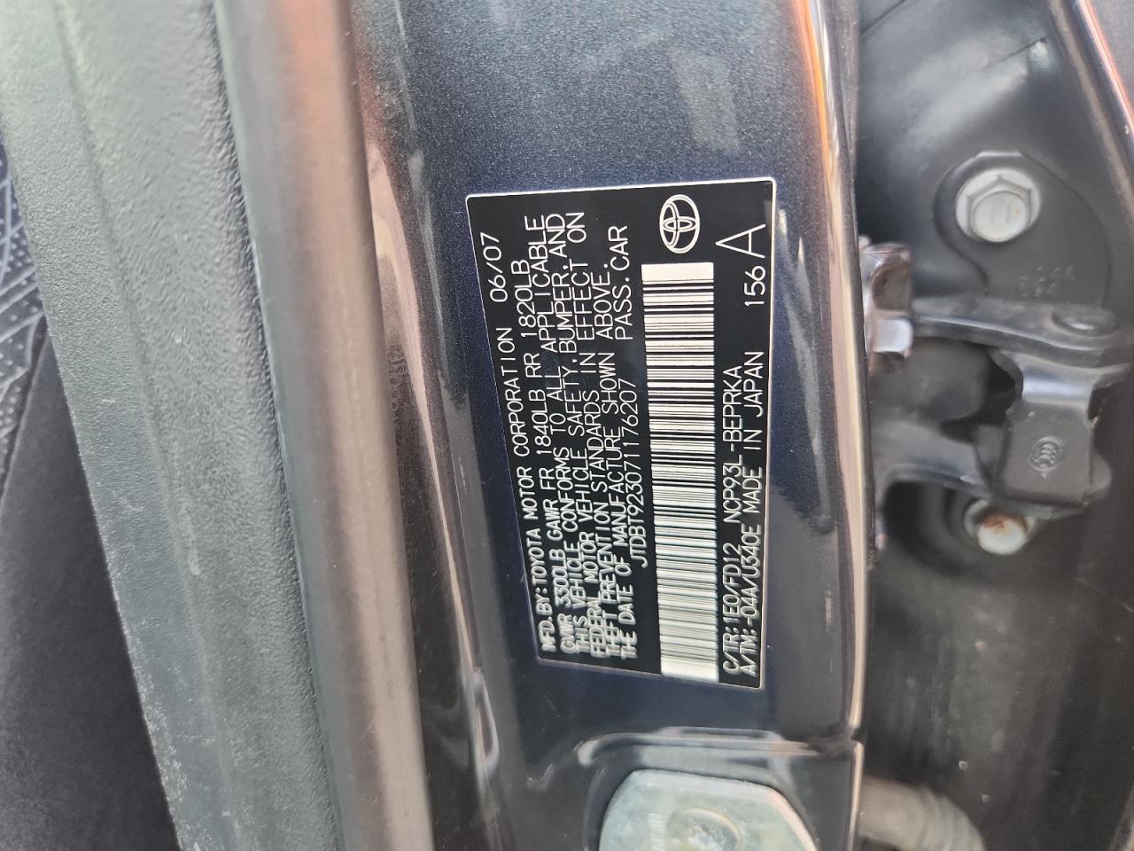 2007 Toyota Yaris VIN: JTDBT923071176207 Lot: 84357035