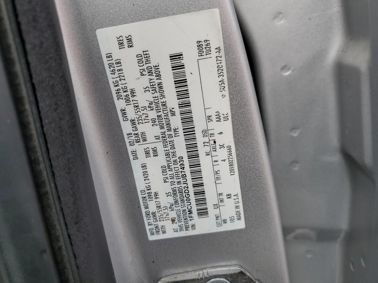 2018 Ford Escape Se VIN: 1FMCU0GD2JUB74930 Lot: 85494855