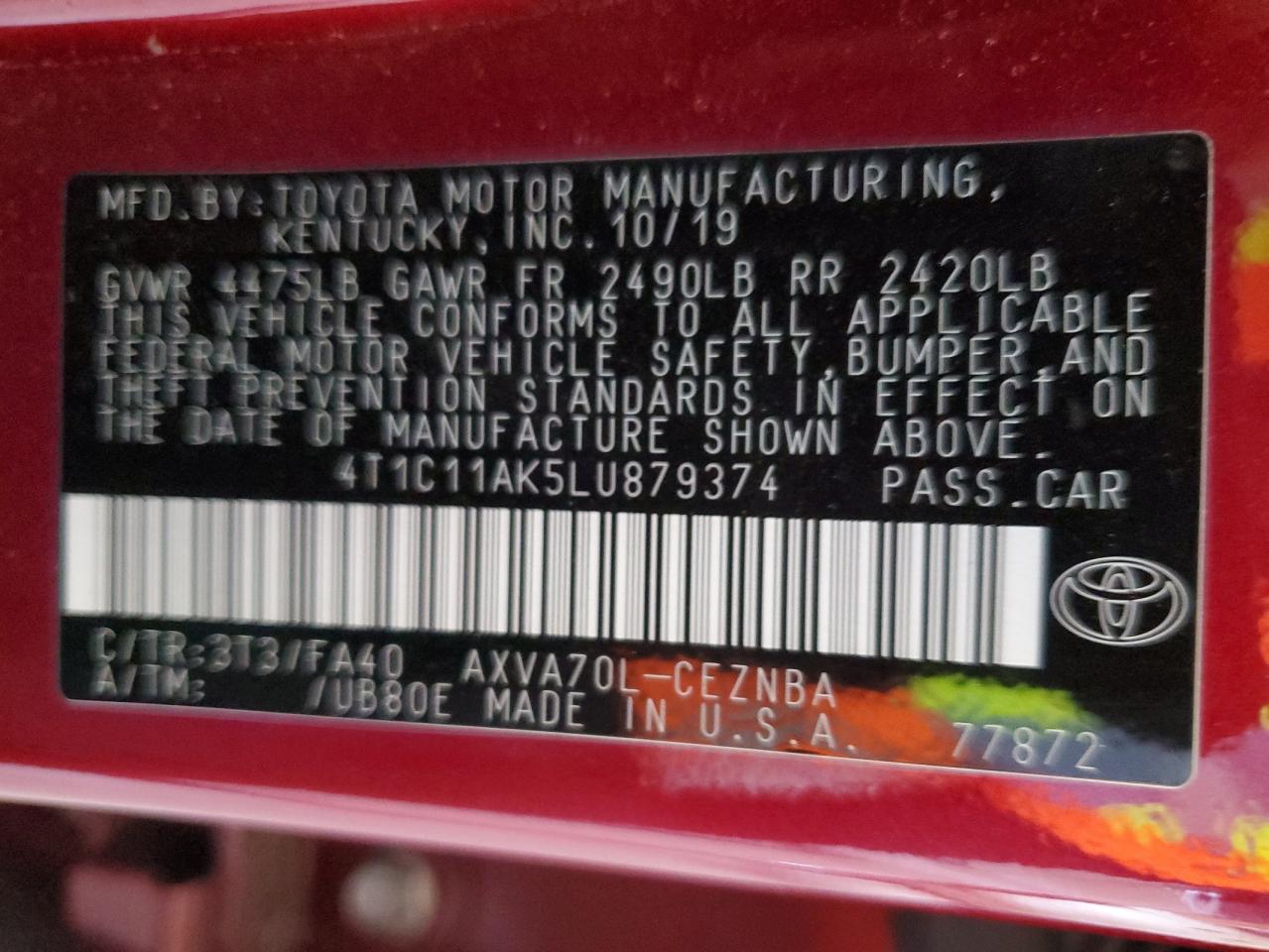 2020 Toyota Camry Le VIN: 4T1C11AK5LU879374 Lot: 82177595