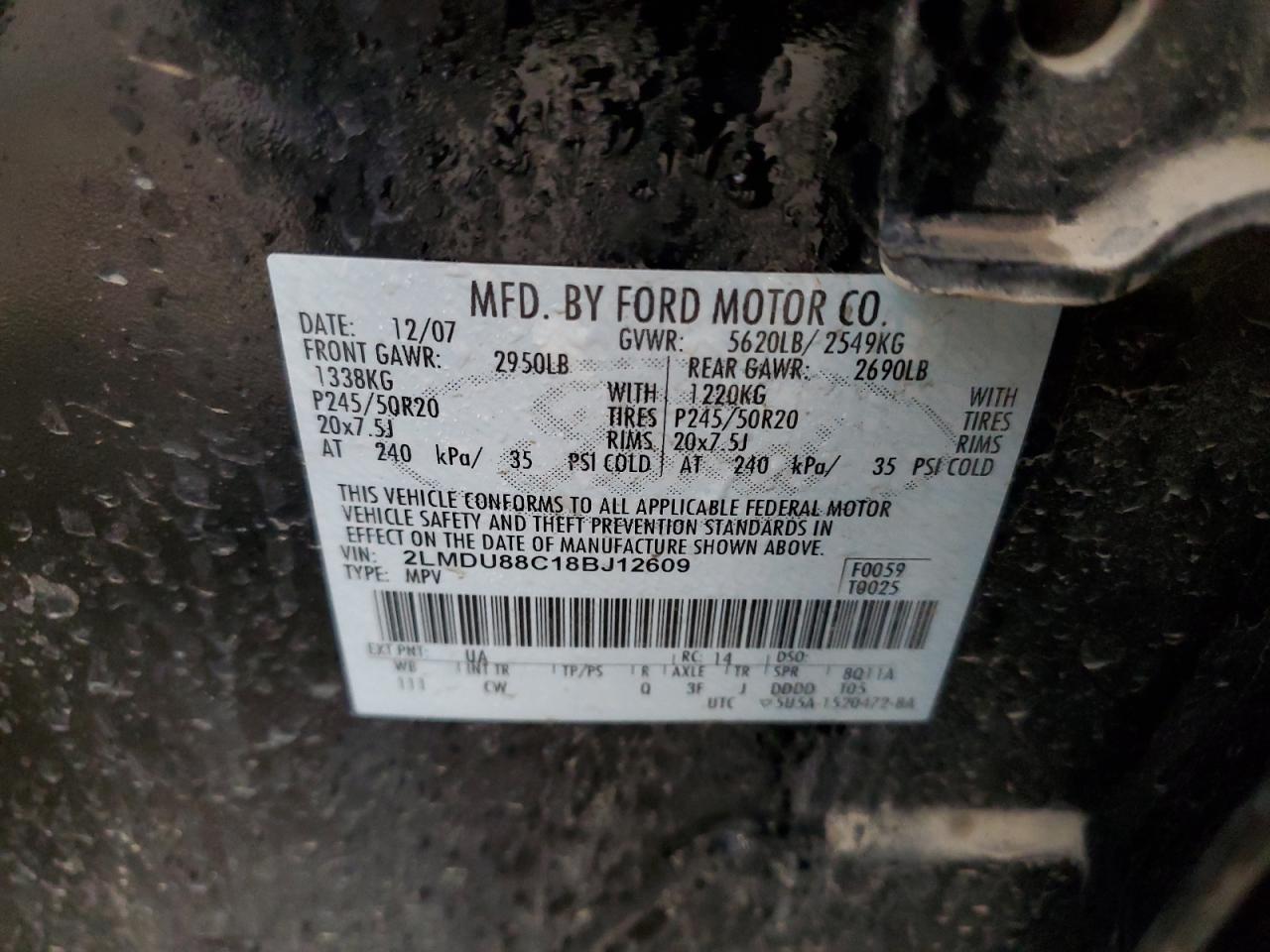 2008 Lincoln Mkx VIN: 2LMDU88C18BJ12609 Lot: 84295085