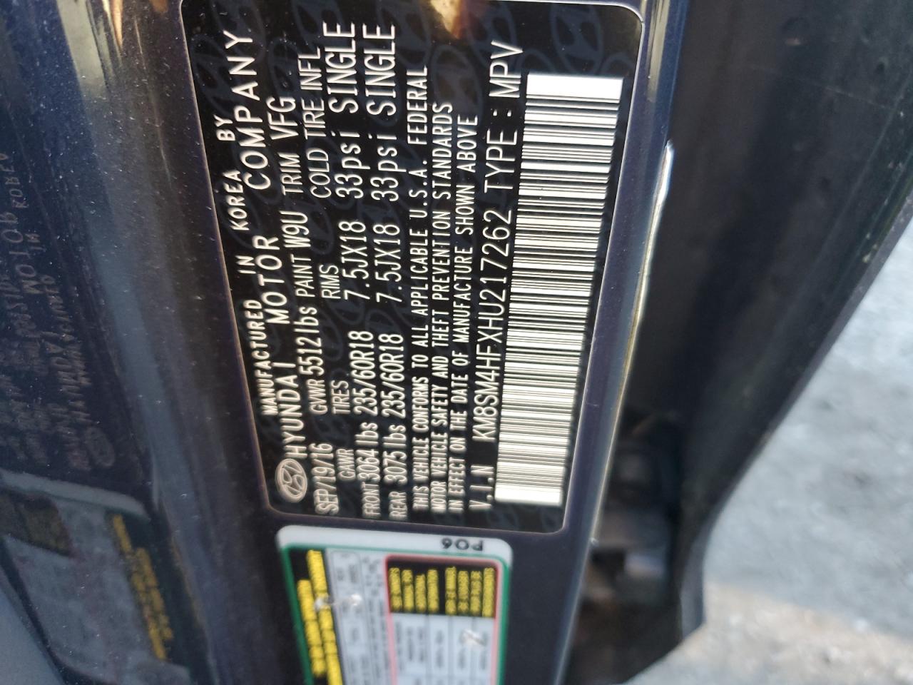 2017 Hyundai Santa Fe Se VIN: KM8SM4HFXHU217262 Lot: 82129415